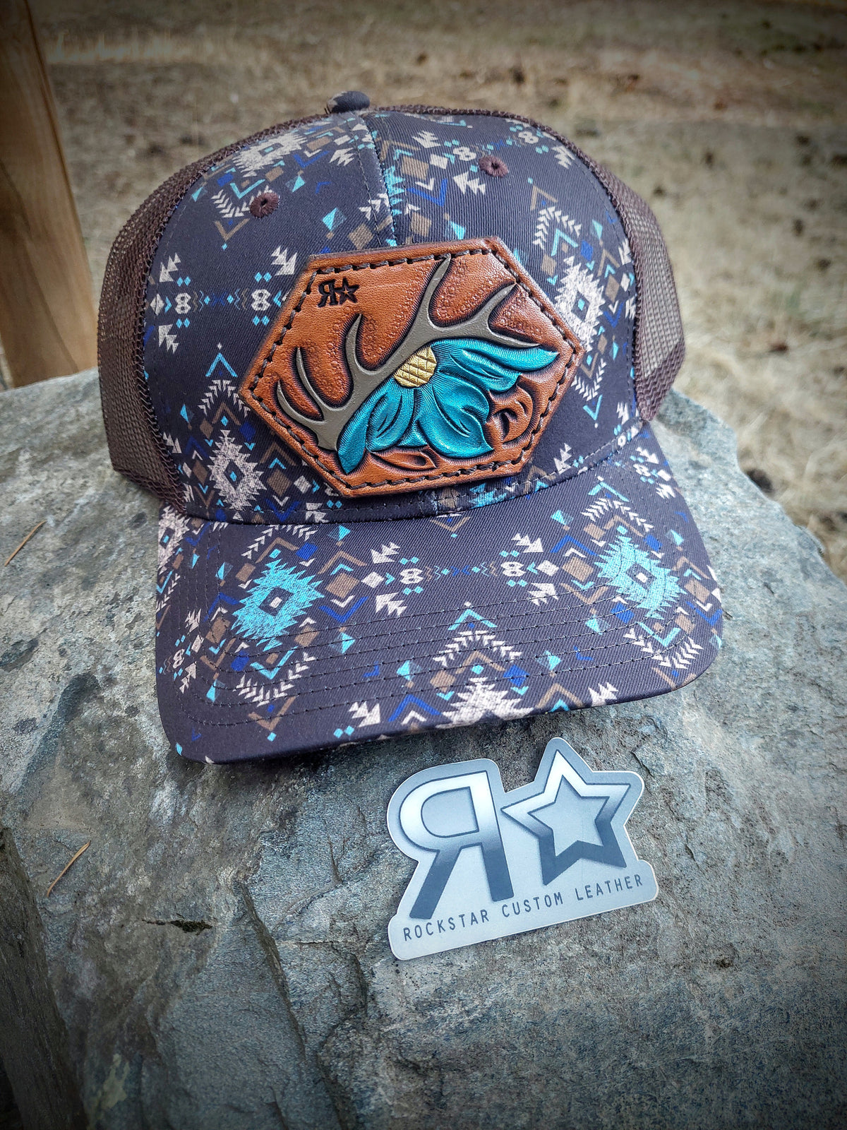 Hat With Leather Patch Antler & Flower