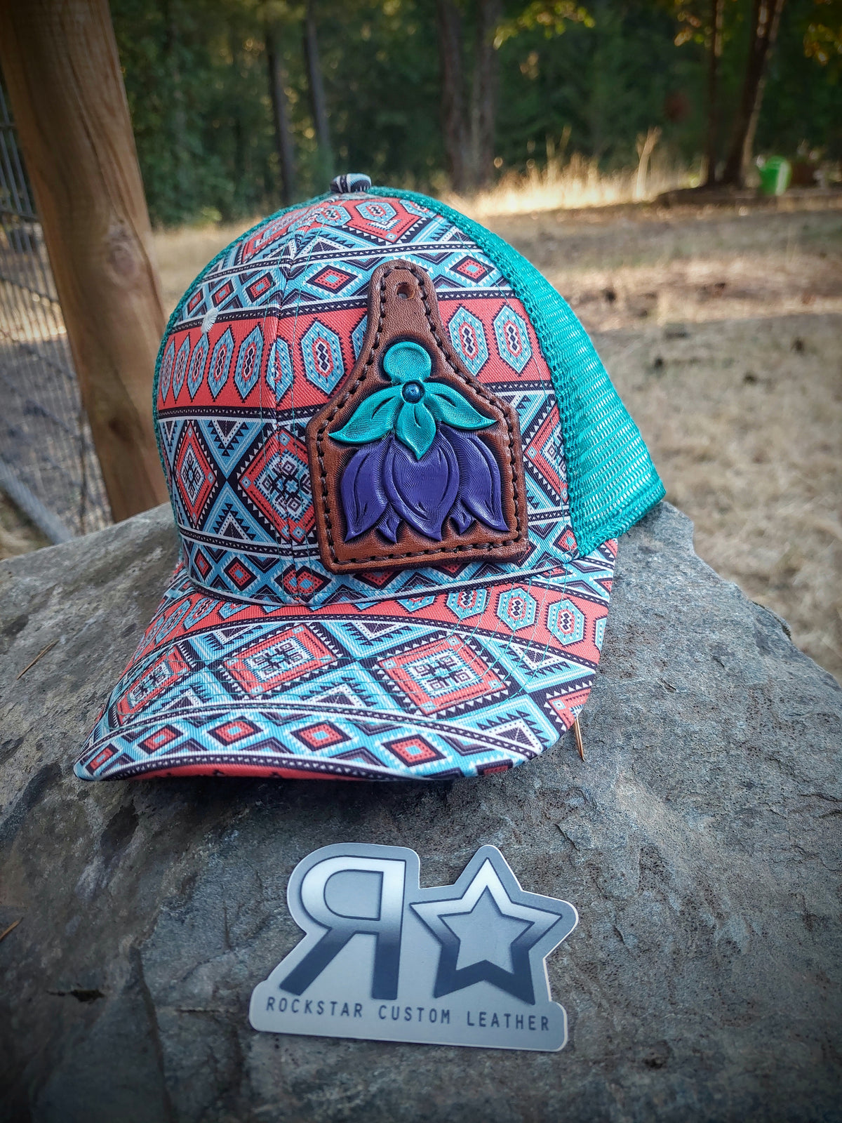 Hat With Leather Patch Purple Flower