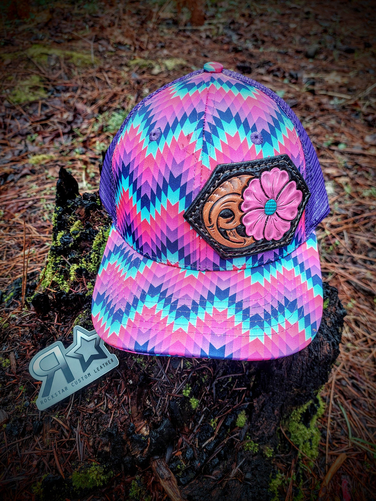 Leather Patch Hat Pink Flower