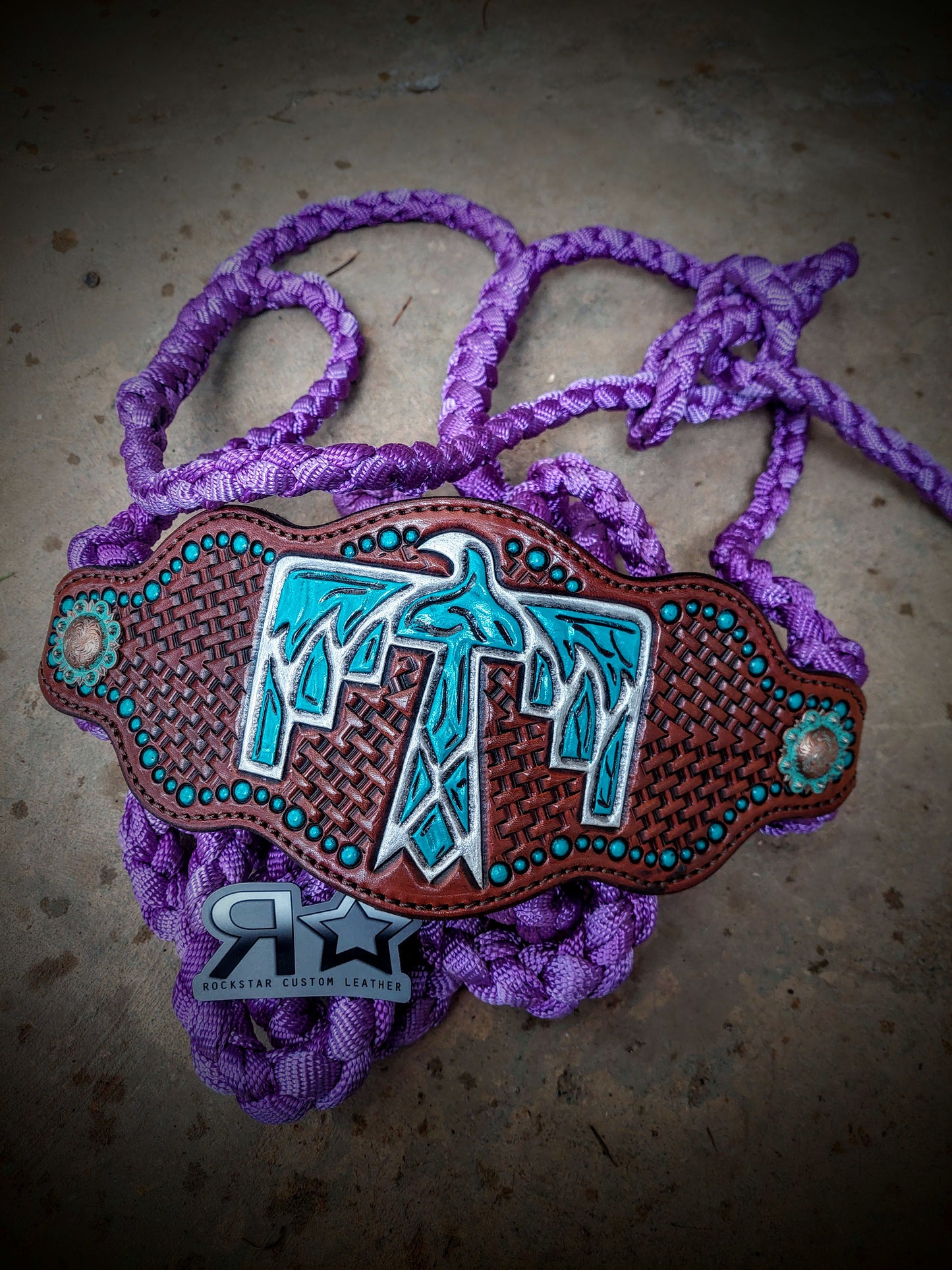 Turquoise Thunderbird on a Purple Muletape Halter
