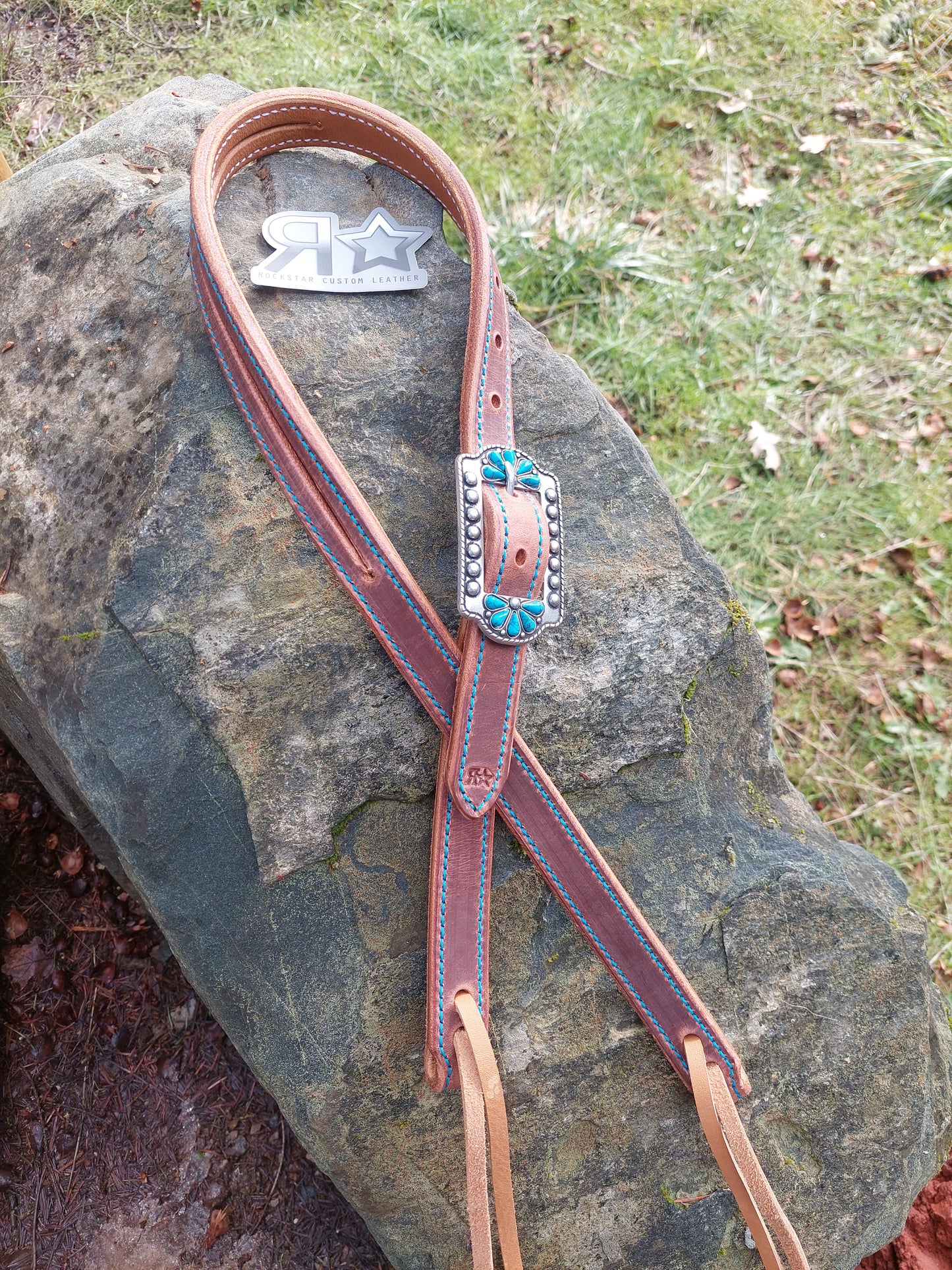 Harness Leather Slit Ear Headstall Turquoise Stitch