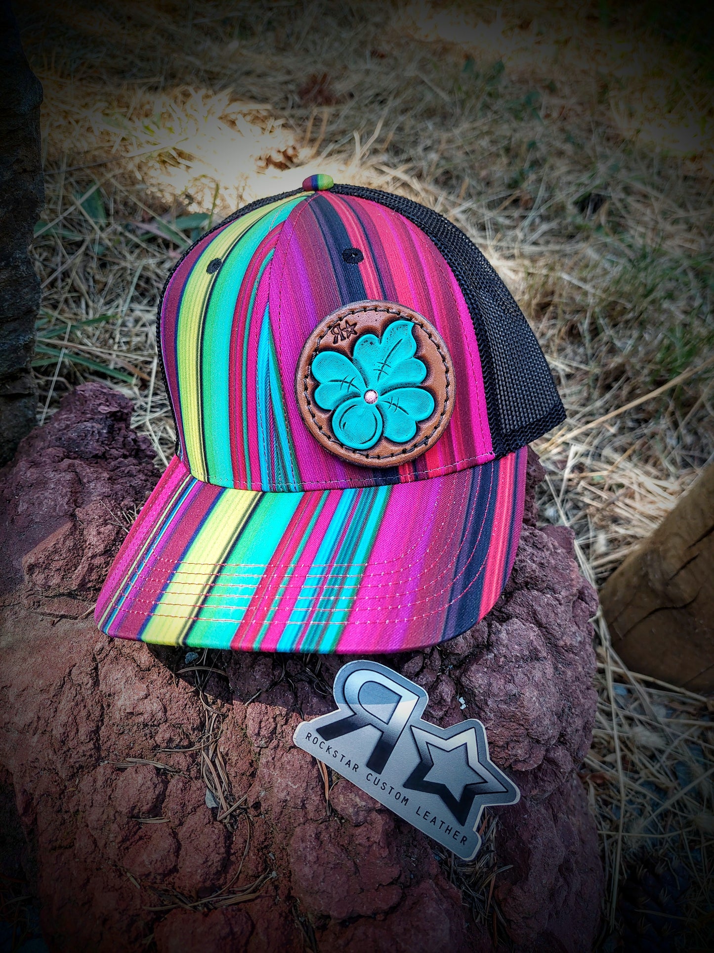Serape Print Hat With Turquoise Flower Patch
