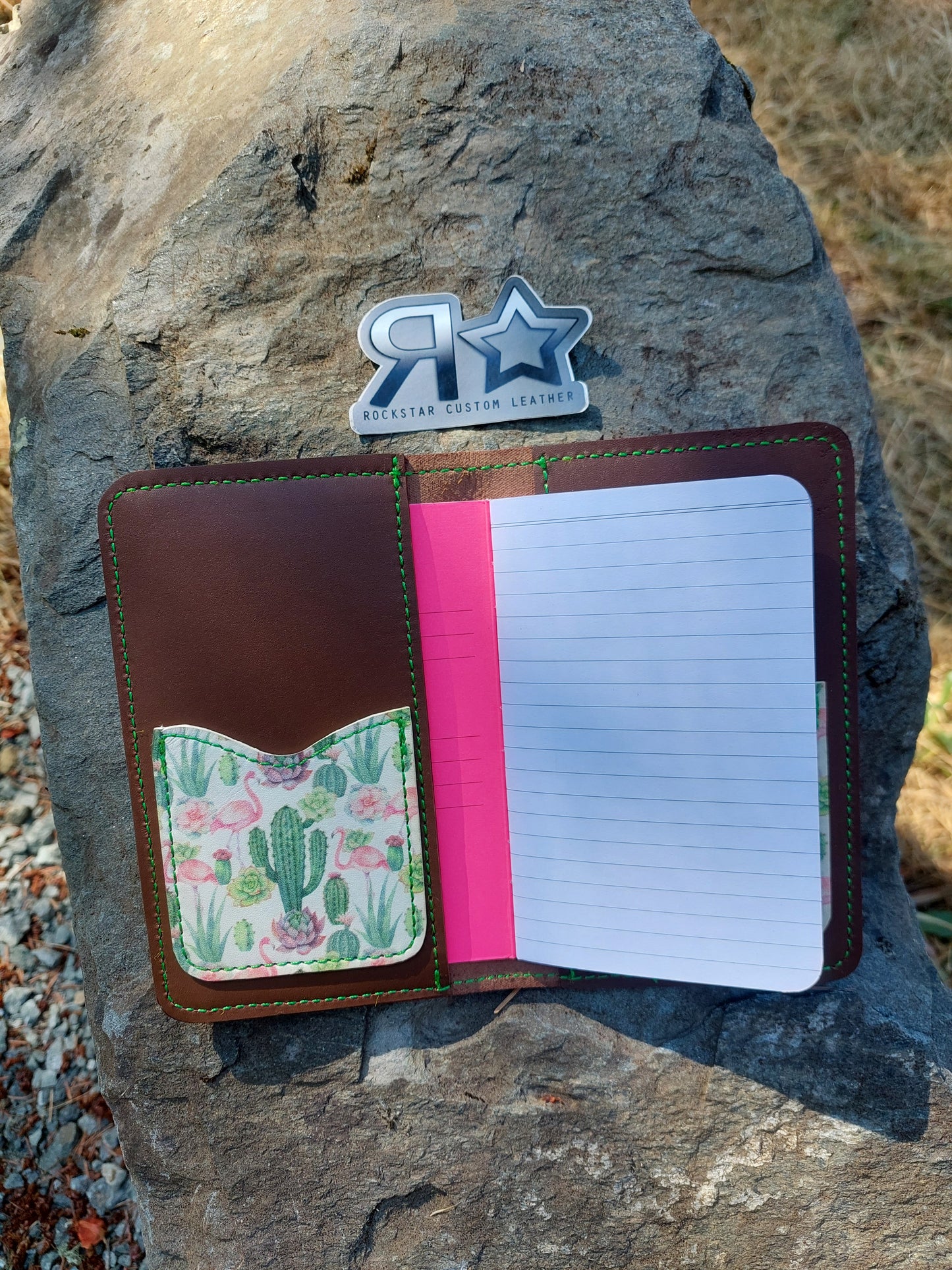 Cactus and Flamingo Print Small Leather Notebook