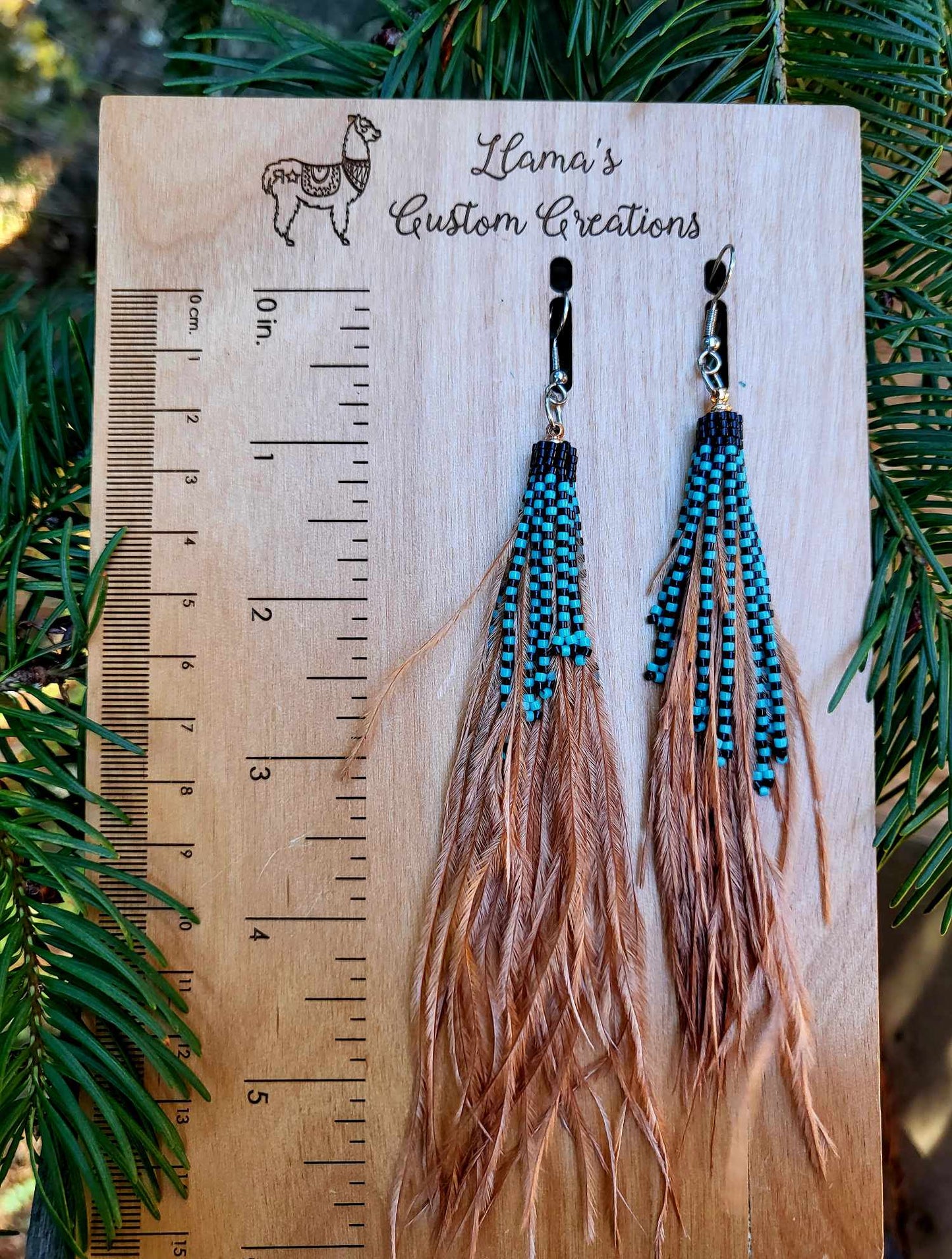 Llamas Custom Creations Beaded Feather Earrings