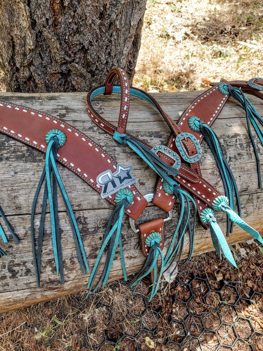 Chocolate and Turquoise Fringe Headstall/Breastcollar Set