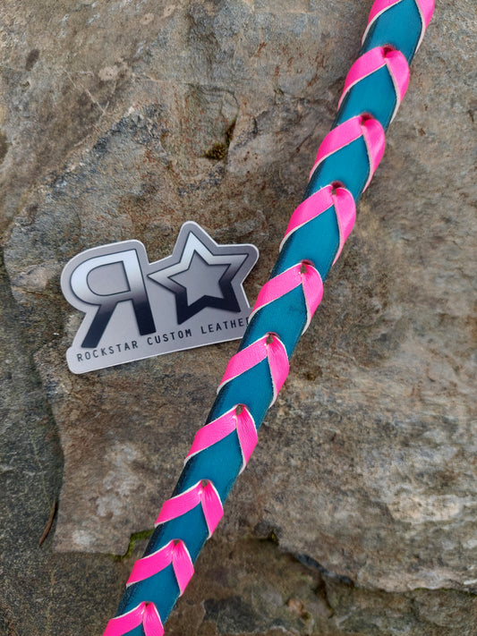 Barrel Reins TURQUOISE leather with NEON Pink Lace