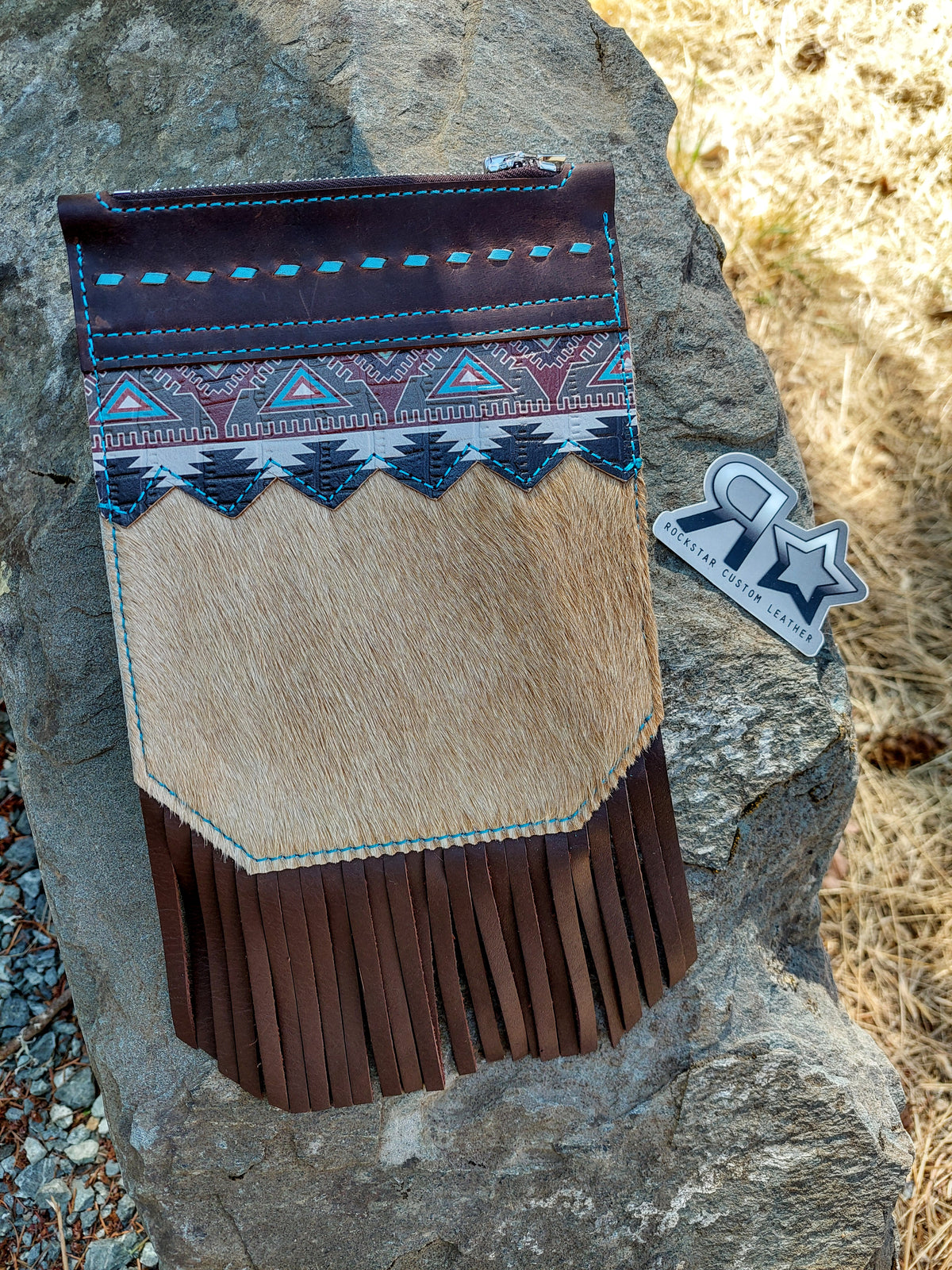 Tan Cowhide Saddle Pocket w/ Aztec