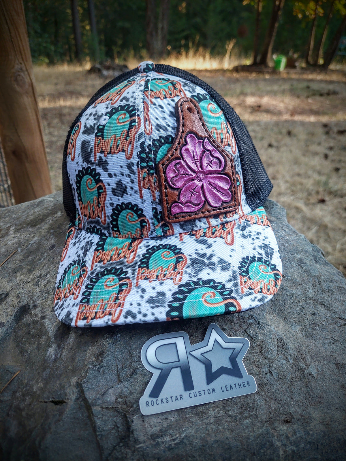 Hat With Leather Patch Pink Flower