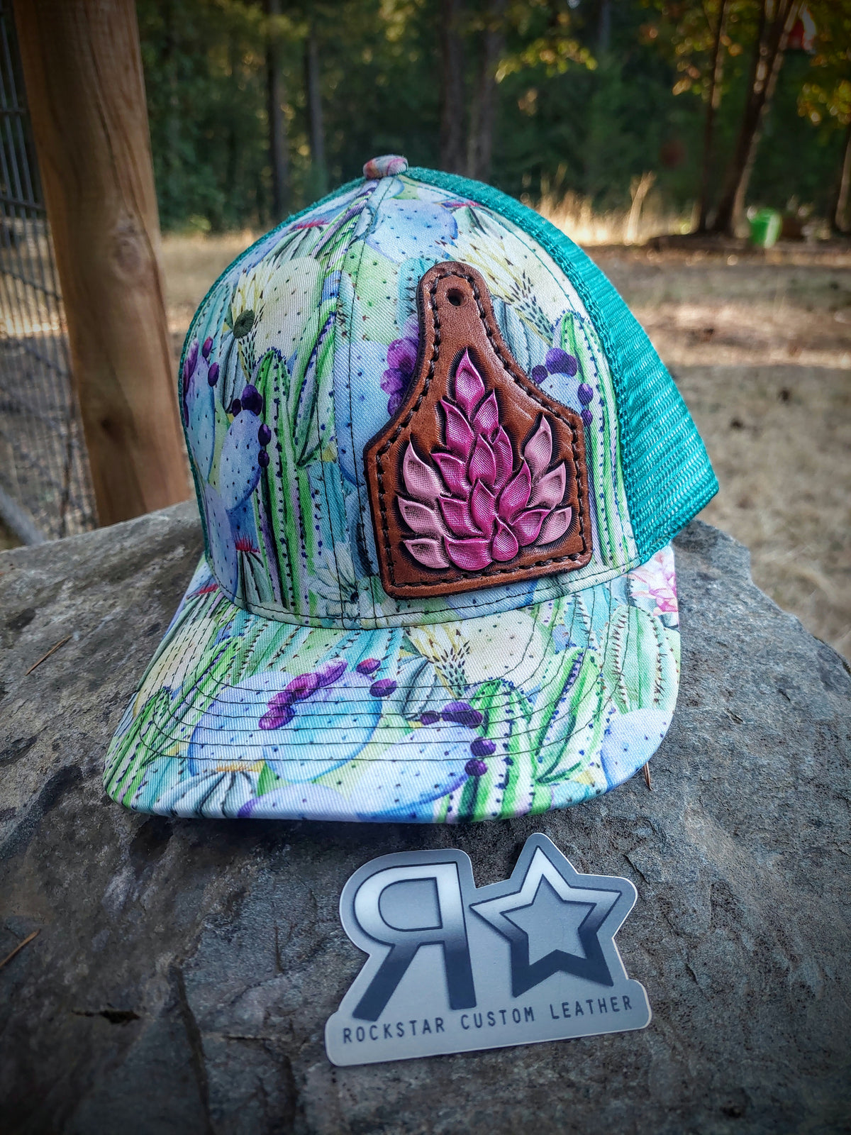 Hat With Leather Patch Pink Shaded Flowers