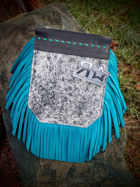 Speckled Cowhide and Turquoise Saddle Pocket
