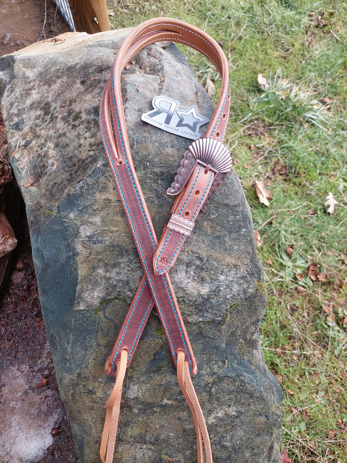 Harness Leather Slit Ear Headstall Turquoise Stitch