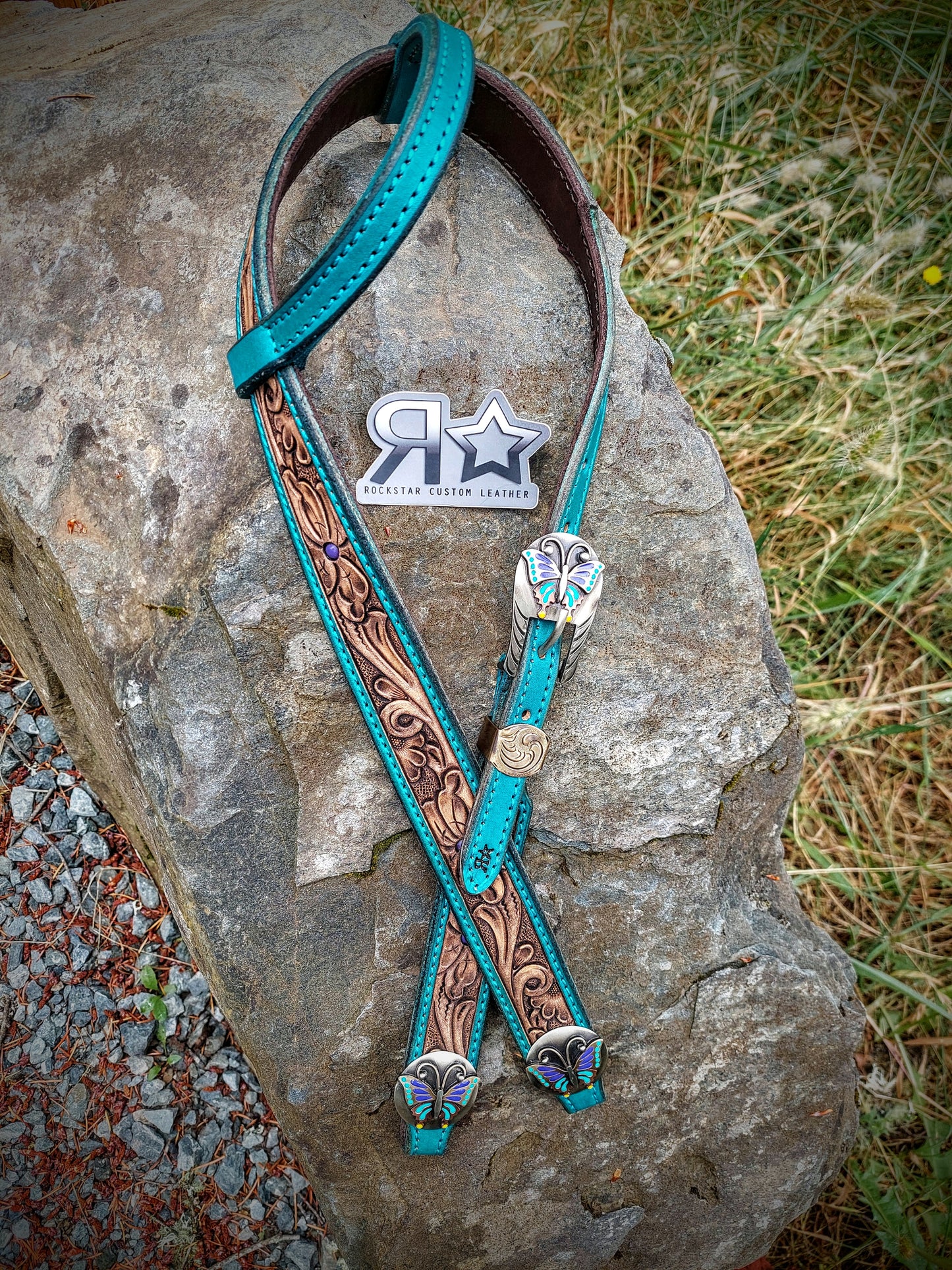 Turquoise Floral Headstall With Butterfly Buckle and Conchos