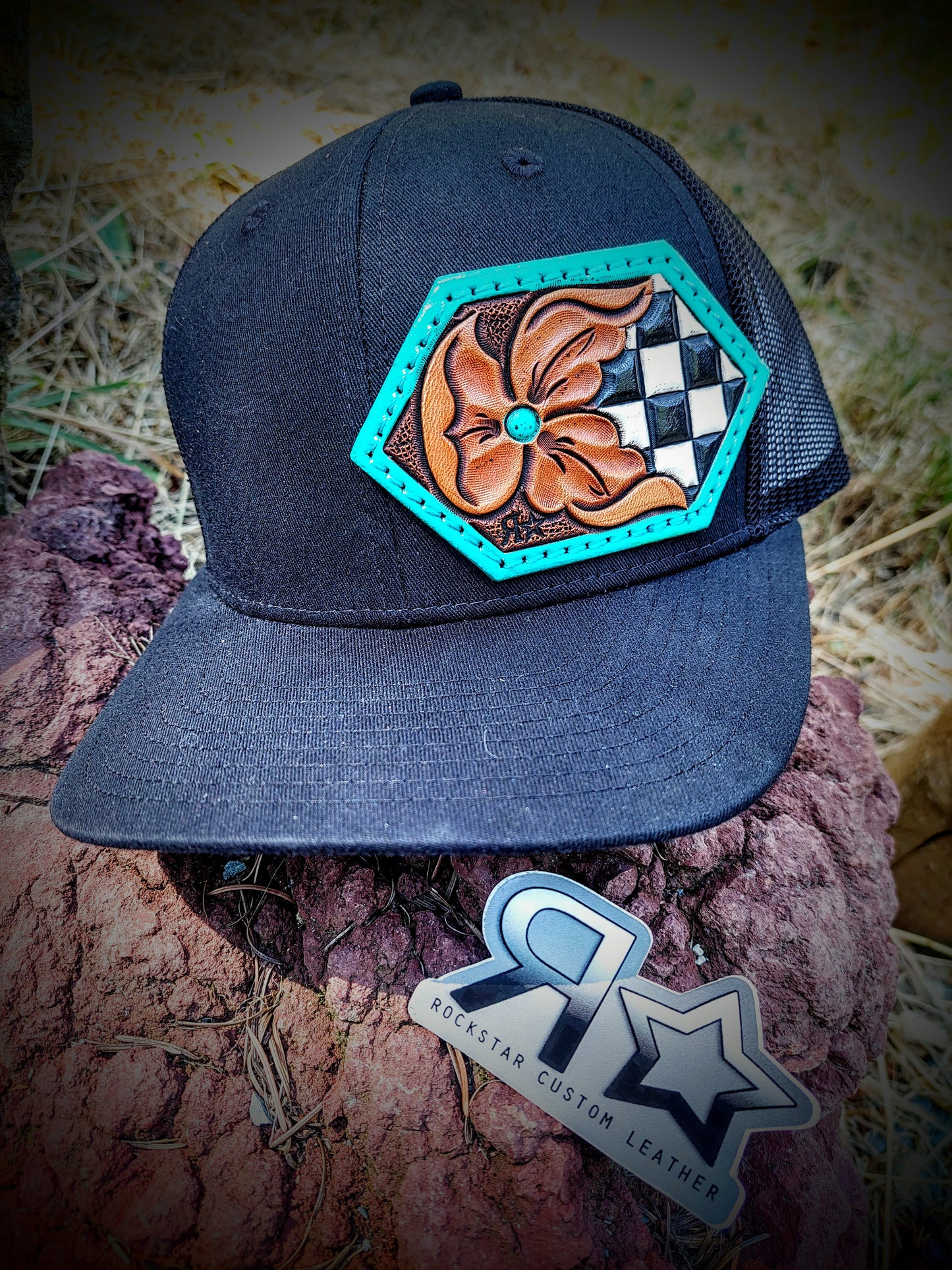 Checkers and Turquoise Floral Hat