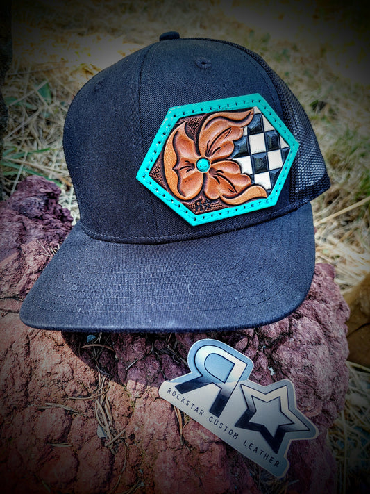 Checkers and Turquoise Floral Hat